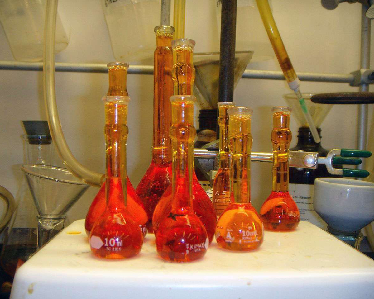 Laboratory technician wearing safety glasses